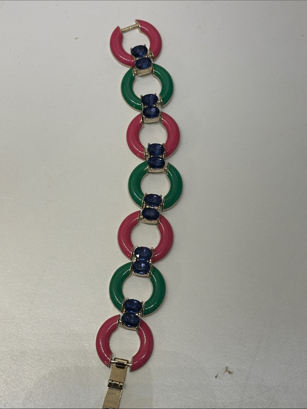 Vintage Colorblock Pink & Green Link Bracelet with Blue Stone Accents